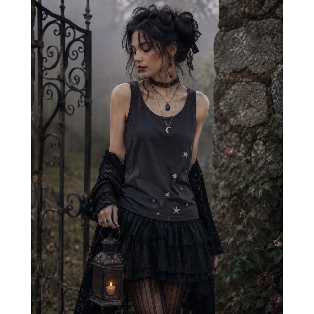 Tema Womens Star Constellation Tank Top Black Sz M/L Celestial Witchy Whimsigoth